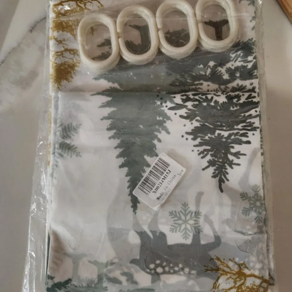 Winter Woodland Deer Shower Curtain Set Snowflakes Trees‎ 150*200